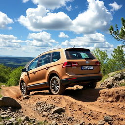 A Volkswagen Sharan off-roading through a rugged terrain, showcasing its robust design and powerful presence