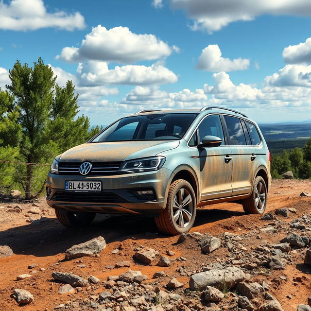 A Volkswagen Sharan off-roading through a rugged terrain, showcasing its robust design and powerful presence