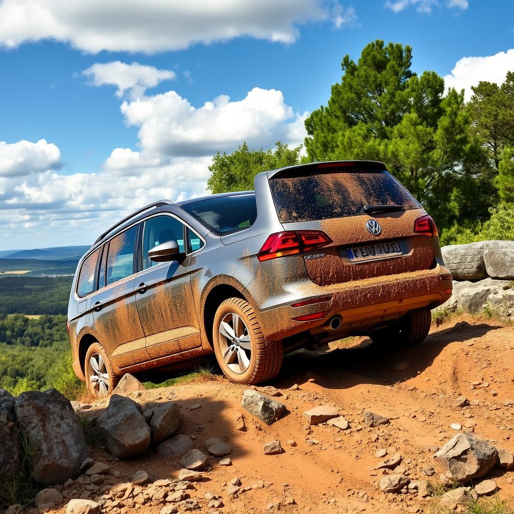 A Volkswagen Sharan off-roading through a rugged terrain, showcasing its robust design and powerful presence