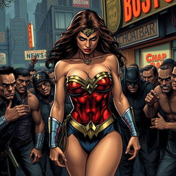 A dramatic and intense scene featuring a sad and terrified Wonder Woman in a strapless bikini, highlighting her big breasts and sexy legs