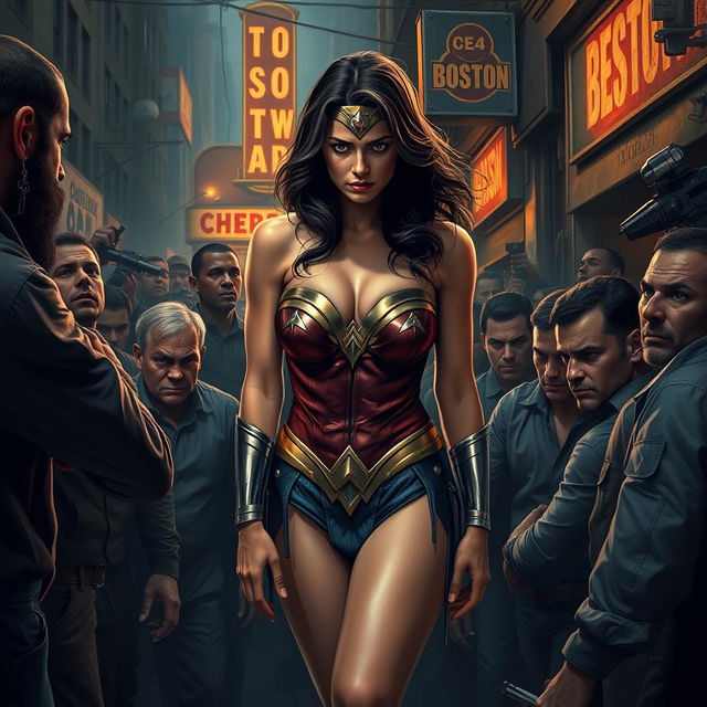 A dramatic and intense scene featuring a sad and terrified Wonder Woman in a strapless bikini, highlighting her big breasts and sexy legs