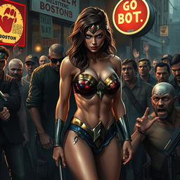 A dramatic and intense scene featuring a sad and terrified Wonder Woman in a strapless bikini, highlighting her big breasts and sexy legs