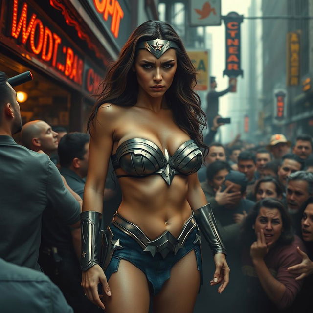 A dramatic scene showcasing a sad and terrified real-life portrayal of Wonder Woman in a strapless bikini, highlighting her voluptuous figure with big breasts and sexy legs