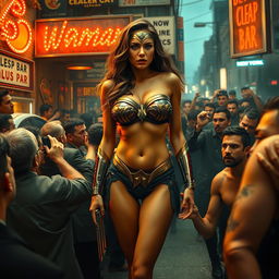 A dramatic scene showcasing a sad and terrified real-life portrayal of Wonder Woman in a strapless bikini, highlighting her voluptuous figure with big breasts and sexy legs