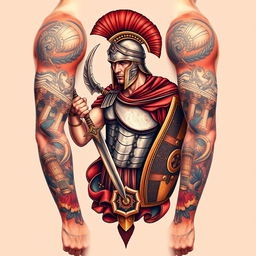 A detailed and realistic tattoo design featuring a Roman gladiator in an action pose