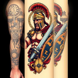 A detailed and realistic tattoo design featuring a Roman gladiator in an action pose