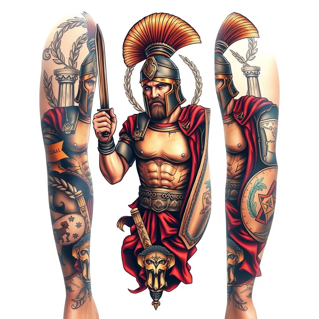 A detailed and realistic tattoo design featuring a Roman gladiator in an action pose