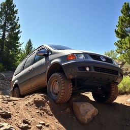 A rugged 2004 Volkswagen Sharan navigating an offroad trail, showcasing its capable SUV-like features