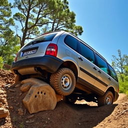 A rugged 2004 Volkswagen Sharan navigating an offroad trail, showcasing its capable SUV-like features