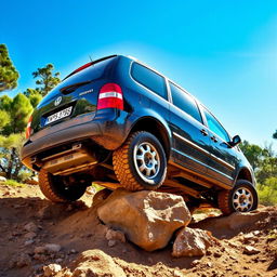 A rugged 2004 Volkswagen Sharan navigating an offroad trail, showcasing its capable SUV-like features
