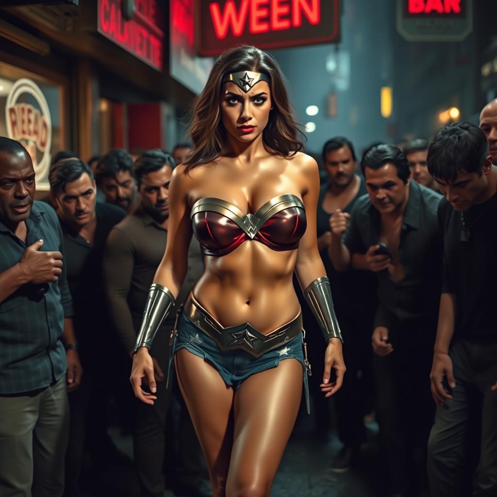 A sad and terrified version of a real-life Wonder Woman, portrayed with voluptuous features, wearing a strapless bikini that accentuates her big breasts and showcases her sexy legs