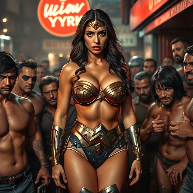 A sad and terrified version of a real-life Wonder Woman, portrayed with voluptuous features, wearing a strapless bikini that accentuates her big breasts and showcases her sexy legs