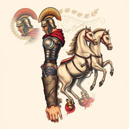 A detailed and realistic tattoo design for a full sleeve featuring a Roman gladiator in an action pose, complete with traditional armor, including a helmet and a breastplate