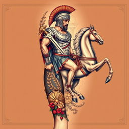A detailed and realistic tattoo design for a full sleeve featuring a Roman gladiator in an action pose, complete with traditional armor, including a helmet and a breastplate