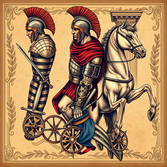 A detailed and realistic tattoo design for a full sleeve featuring a Roman gladiator in an action pose, complete with traditional armor, including a helmet and a breastplate