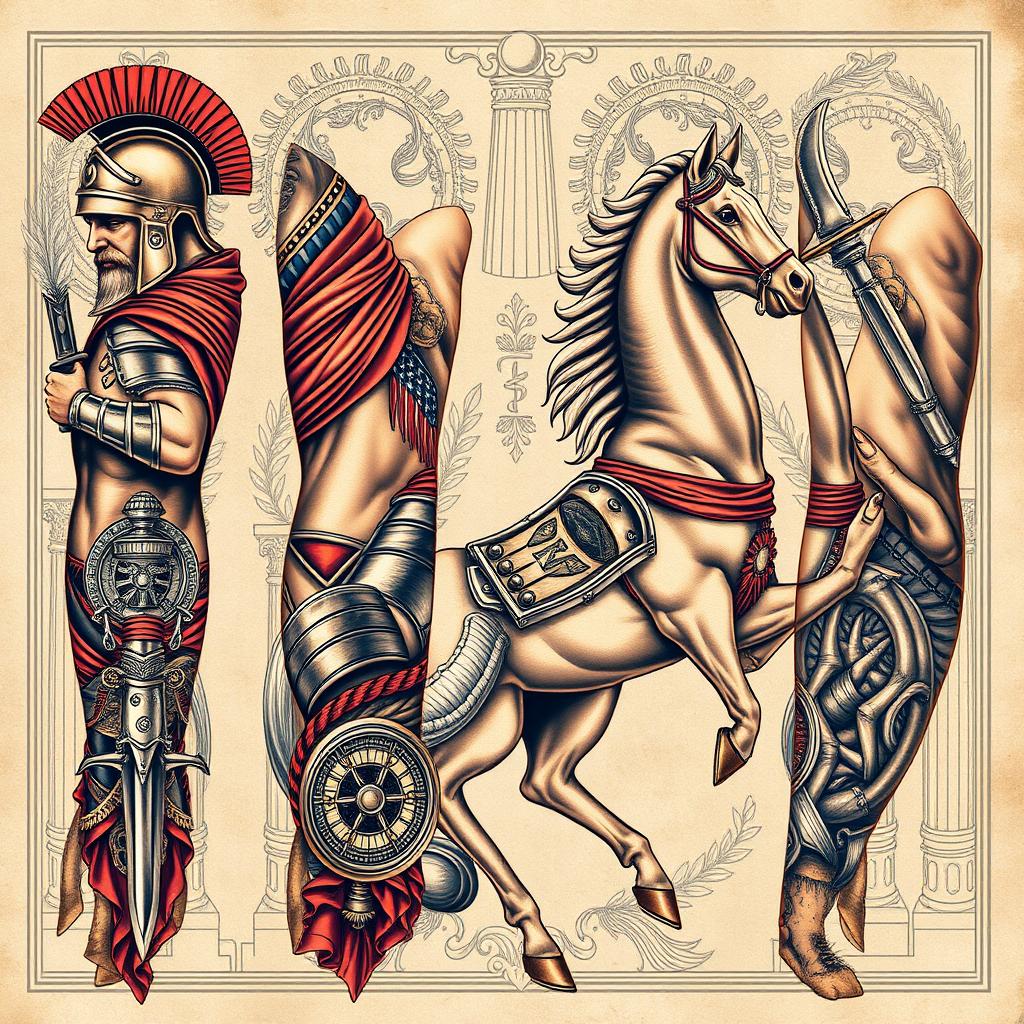 A detailed and realistic tattoo design for a full sleeve featuring a Roman gladiator in an action pose, complete with traditional armor, including a helmet and a breastplate