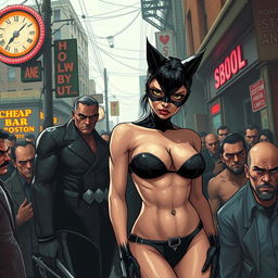 A sad and terrified Catwoman, depicted with a realistic style, wearing a strapless bikini that highlights her big breasts and ample cleavage, showcasing her sexy legs