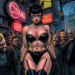 A sad and terrified Catwoman, depicted with a realistic style, wearing a strapless bikini that highlights her big breasts and ample cleavage, showcasing her sexy legs