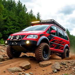 A rugged VW Sharan MK1 modified for offroad adventures, showcasing its sturdy build with lifted suspension, chunky all-terrain tires, and offroad lights