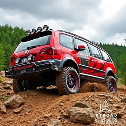 A rugged VW Sharan MK1 modified for offroad adventures, showcasing its sturdy build with lifted suspension, chunky all-terrain tires, and offroad lights