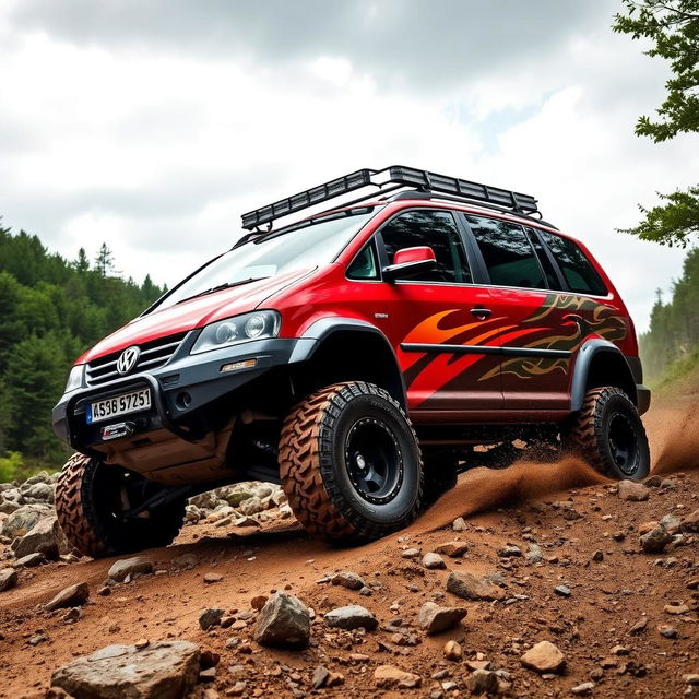 A rugged VW Sharan MK1 modified for offroad adventures, showcasing its sturdy build with lifted suspension, chunky all-terrain tires, and offroad lights