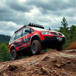A rugged VW Sharan MK1 modified for offroad adventures, showcasing its sturdy build with lifted suspension, chunky all-terrain tires, and offroad lights