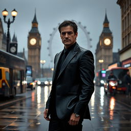 A man in a completely soaked black suit stands in the bustling streets of London on a rainy day