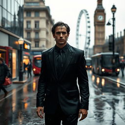 A man in a completely soaked black suit stands in the bustling streets of London on a rainy day