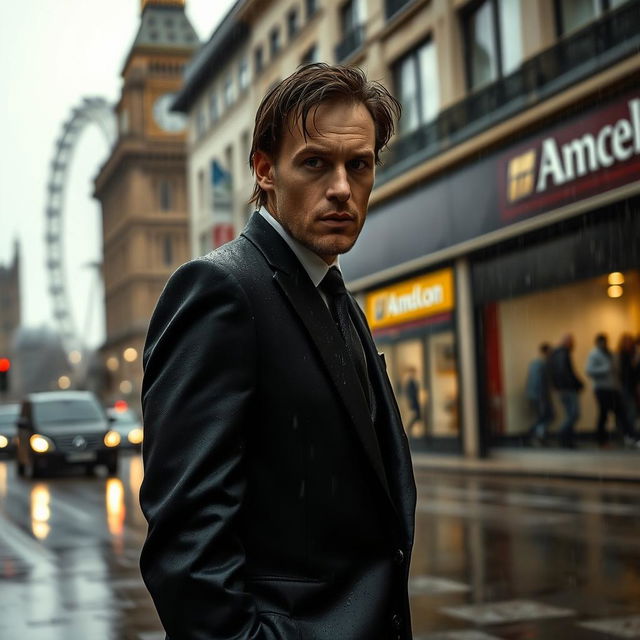 A man in a completely soaked black suit stands in the bustling streets of London on a rainy day