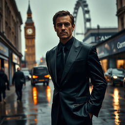 A man in a completely soaked black suit stands in the bustling streets of London on a rainy day