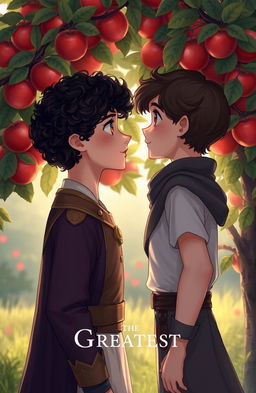 A romantic scene depicting two boys standing in front of an apple tree, gazing into each other's eyes