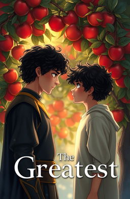 A romantic scene depicting two boys standing in front of an apple tree, gazing into each other's eyes