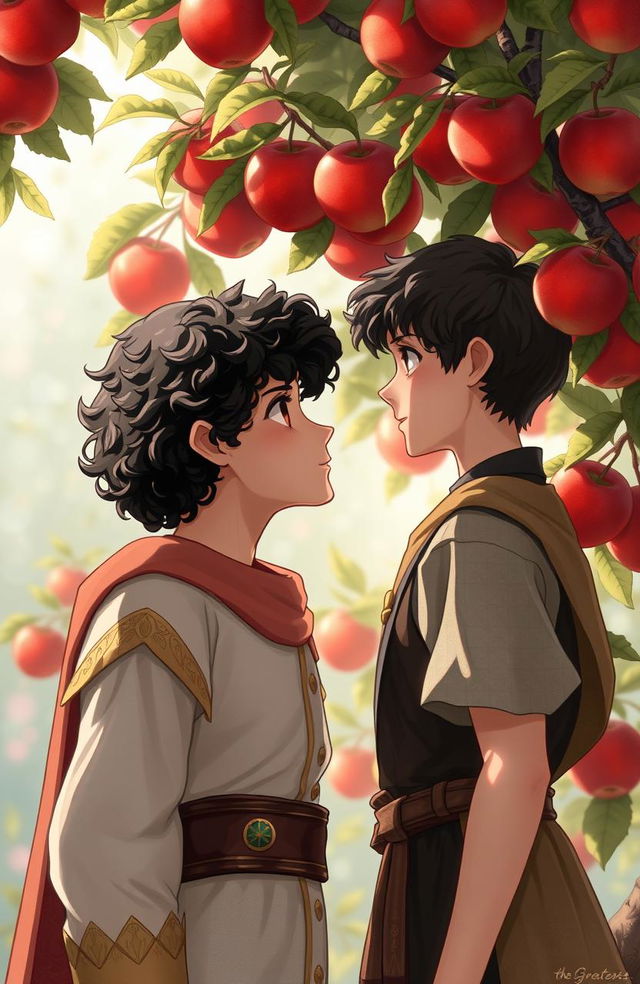 A romantic scene depicting two boys standing in front of an apple tree, gazing into each other's eyes