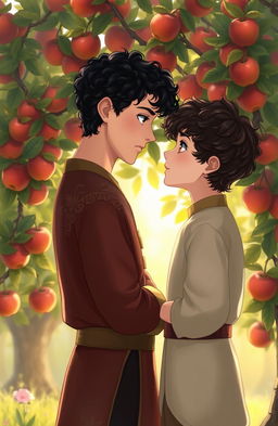 A romantic scene depicting two boys standing in front of an apple tree, gazing into each other's eyes