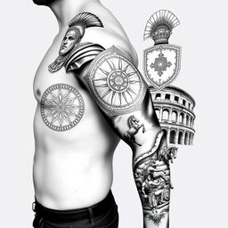 An elaborate black sleeve tattoo design featuring a Roman gladiator proudly displayed on the shoulder