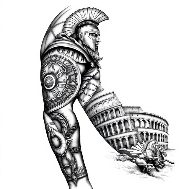 An elaborate black sleeve tattoo design featuring a Roman gladiator proudly displayed on the shoulder