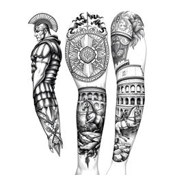 An elaborate black sleeve tattoo design featuring a Roman gladiator proudly displayed on the shoulder