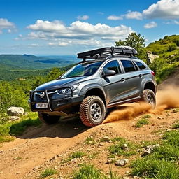 An Opel Astra G Caravan, a rugged offroad vehicle, driving through a picturesque landscape