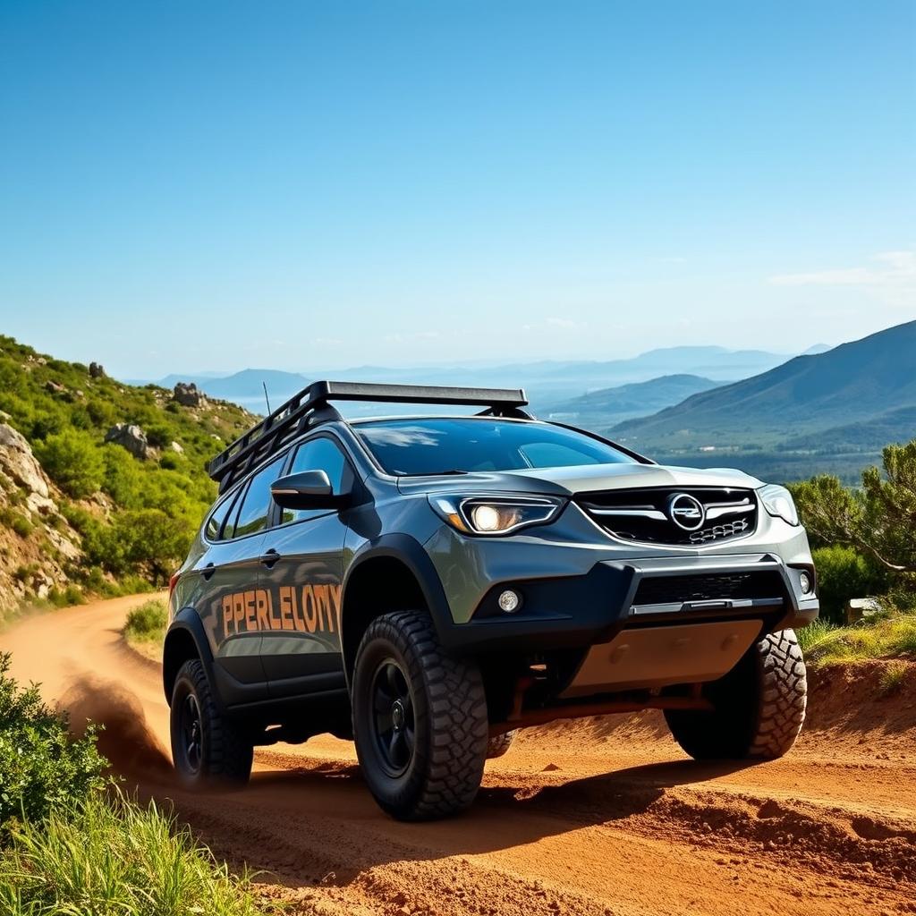 An Opel Astra G Caravan, a rugged offroad vehicle, driving through a picturesque landscape