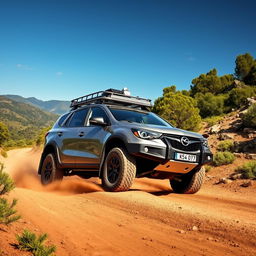 An Opel Astra G Caravan, a rugged offroad vehicle, driving through a picturesque landscape