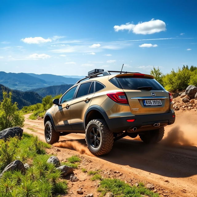 An Opel Astra G Caravan, a rugged offroad vehicle, driving through a picturesque landscape