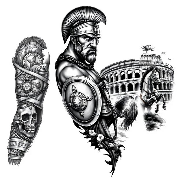 A detailed black sleeve tattoo design featuring a Roman gladiator prominently on the shoulder, depicted as muscular and fierce, wrapped in chains