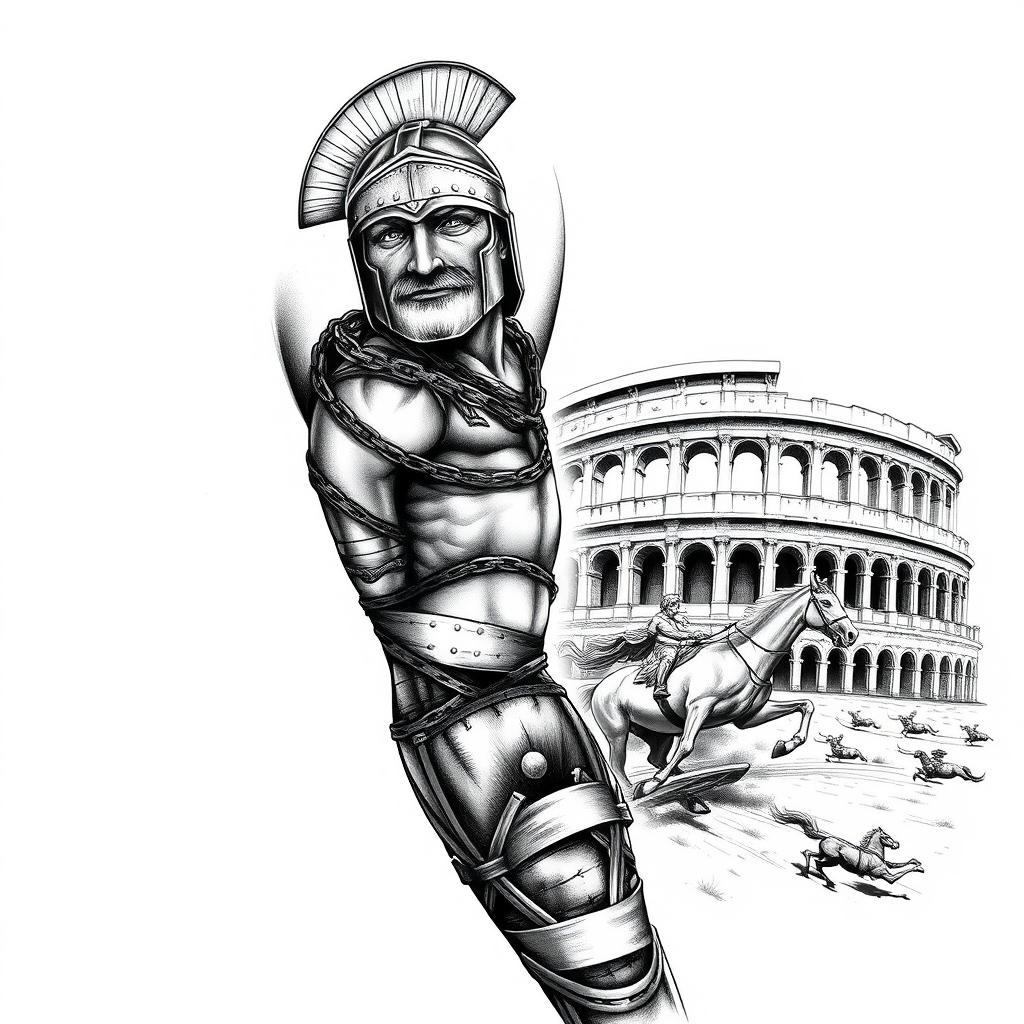 A detailed black sleeve tattoo design featuring a Roman gladiator prominently on the shoulder, depicted as muscular and fierce, wrapped in chains