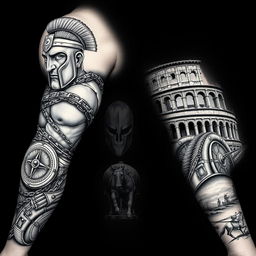 A detailed black sleeve tattoo design featuring a Roman gladiator prominently on the shoulder, depicted as muscular and fierce, wrapped in chains