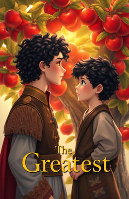 A romantic scene depicting two boys standing in front of an apple tree, gazing into each other's eyes