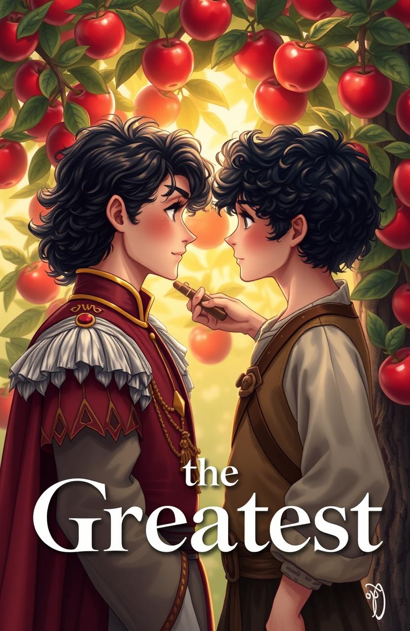 A romantic scene depicting two boys standing in front of an apple tree, gazing into each other's eyes