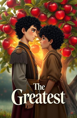 A romantic scene depicting two boys standing in front of an apple tree, gazing into each other's eyes