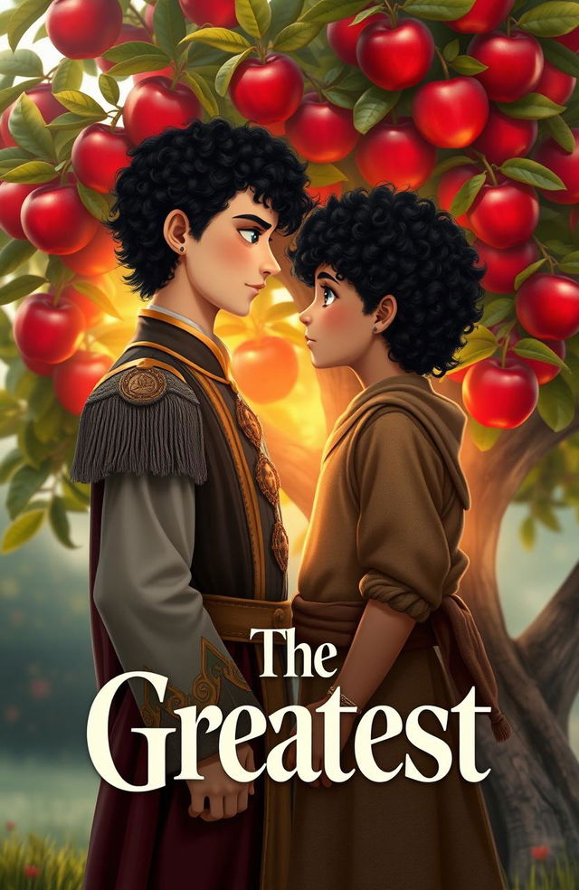 A romantic scene depicting two boys standing in front of an apple tree, gazing into each other's eyes