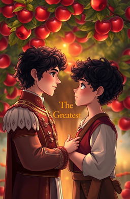 A romantic scene depicting two boys standing in front of an apple tree, gazing into each other's eyes