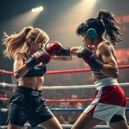 A dynamic and action-packed scene featuring two female boxers in an intense match inside a boxing ring